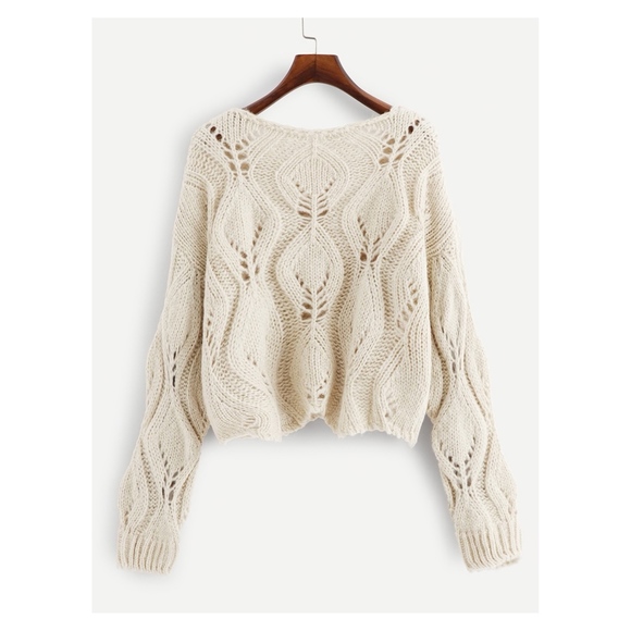 Cream Beige Round Neck Hollow Soft Sweater - Picture 4 of 5